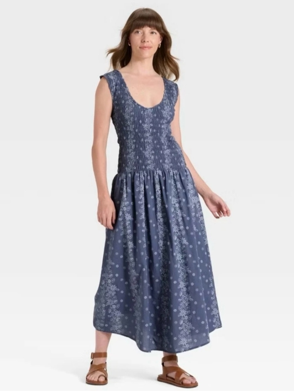Universal Thread Dark Denim Blue Floral Smocked Midi Dress